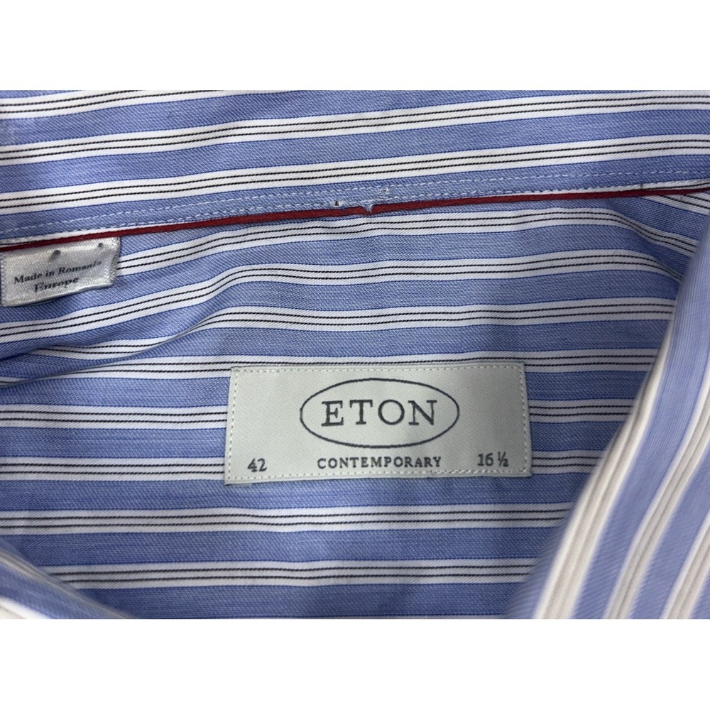 Eton Contemporary Button Up‎ Stretch Blue White Black Stripe Men's Sz 42  16.5 - Picture 2 of 7